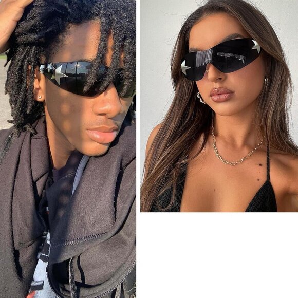 Sunglasses Star Wrap Around Glasses Black Cool Shield Shades for Unisex - Picture 3 of 7